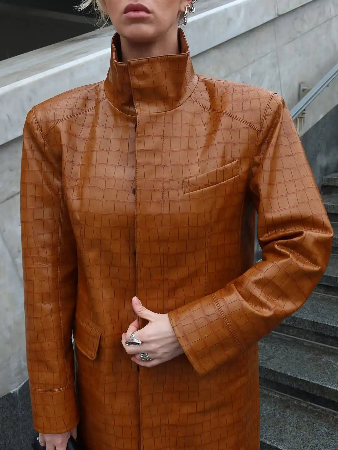 Women Brown Croc Embossed Faux Leather Maxi Trench Coat Lapel Single Breasted Straight Long Front Pockets Vintage Autumn Winter