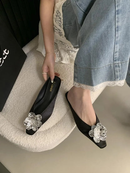 Luxury Crystal Flower Design Slippers for Women Summer 2025 Fashion Square Toe Backless Flat Sandals Elegant Party Mule Shoes