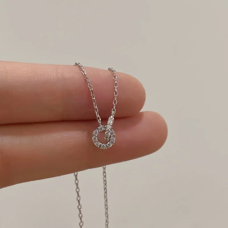 925 Sterling Silver Interlocking Diamond Necklace Light Luxury Double Ring Zircon Pendant Collarbone Chain Simple Jewelry