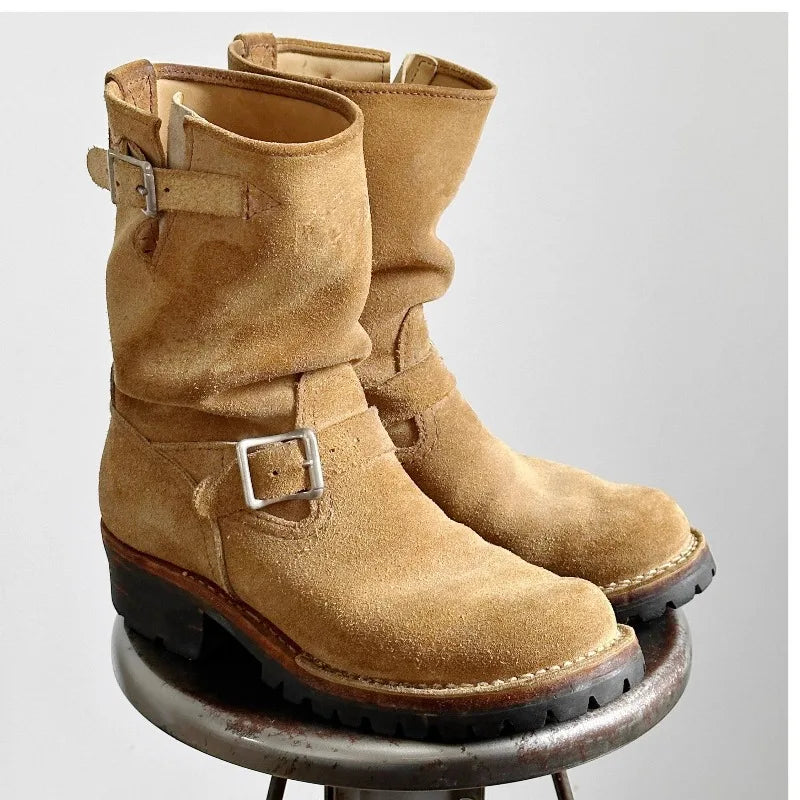 Cow Suede All-Macth Motorcycle Boots Men's Women Engineer Ort Shoes Retro Motorcycle Boots Faded Mid-Calf Shoes Motocross Boots