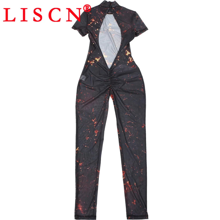 10 Wholesale Items Jumpsuits Women Summer 2025 Short Sleeve Bodycon Sexy Y2k Printing Mesh See Through Backless Rompers K15151