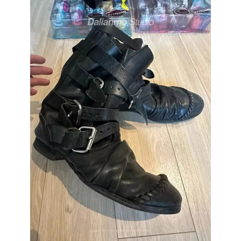 Black Multiple Buckles Pleated Mid-Calf Boots Woman Winter 2026 Round Toe Chunky Heels Punk Style Biker Boots Knight Boots