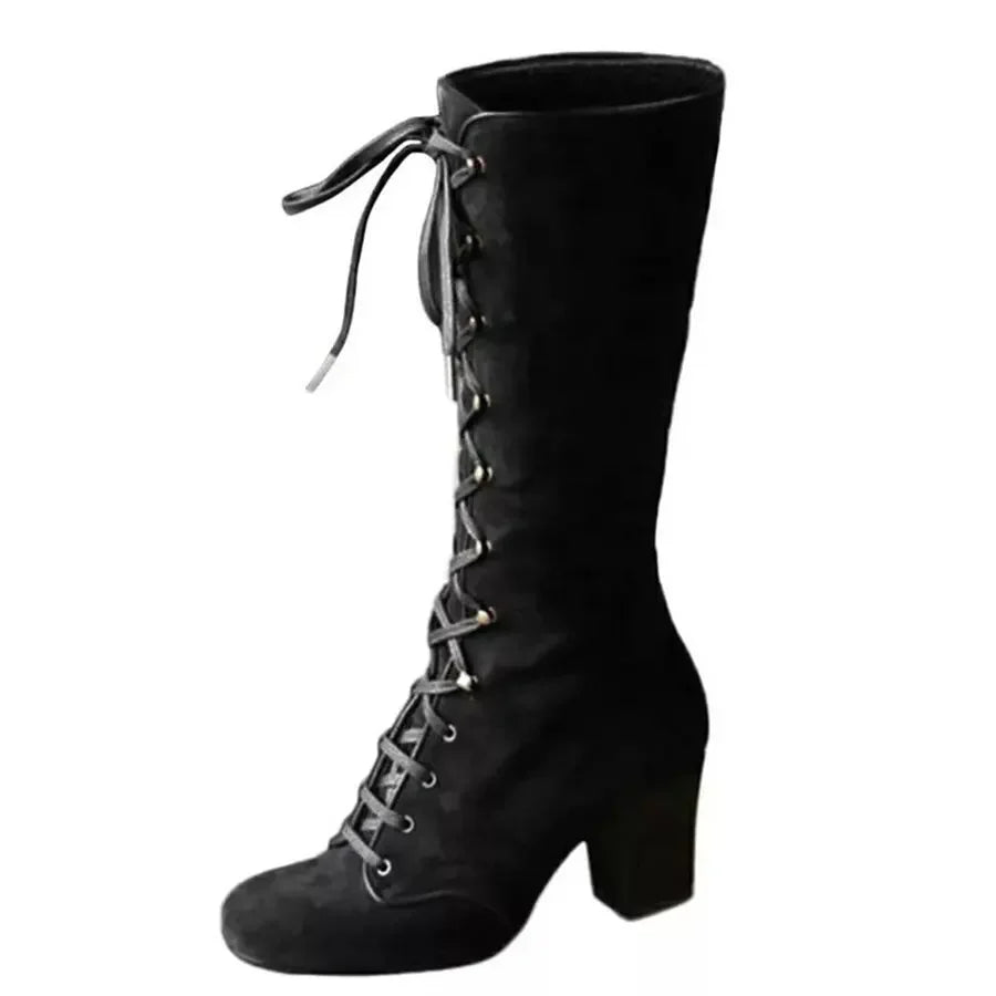 2024 Medieval Women's Casual Riding Boots Winter Lace Up Suede Long Tube Knight Boot Female High Heel Cowboy Shoes Mid-Calf Sexy