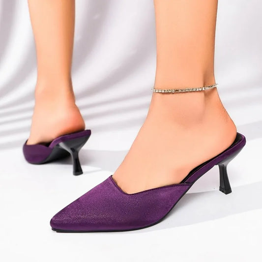 New Luxury Pointed Toe Women Mules Slipper FashionLadies Elegant  Sandal Square Low Heel Slip on Slides Shoes