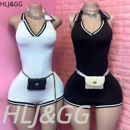 HLJ&GG Summer New Stripe Halter Lapel One Piece Rompers Women Sleeveless Backless Bodycon Jumpsuits Sexy Stretchy Overalls 2025