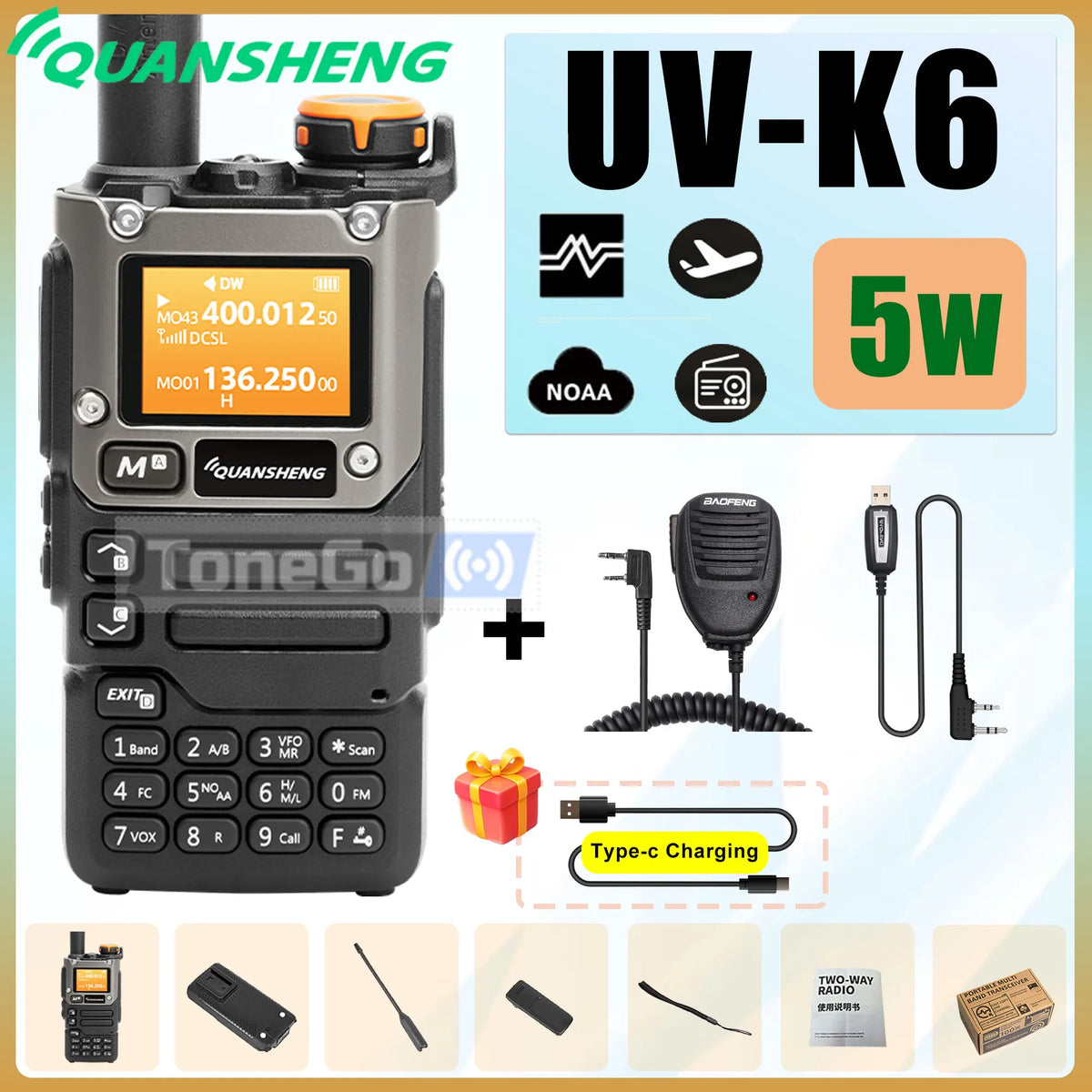 Quansheng UV-K6 Walkie Talkie 5W AM FM 50-600MHz USB-C Direct Charge NOAA Weather Multi Band UV-K58 UV-K5(8) Two Way Radio