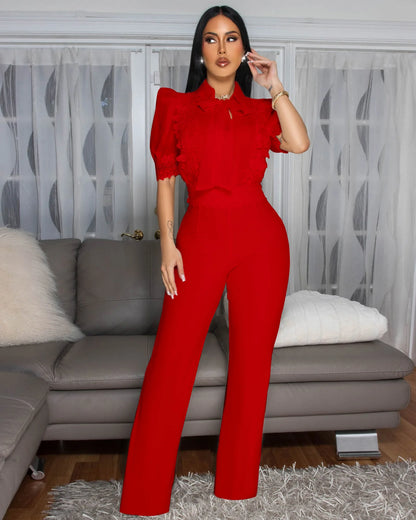 Patchwork Wide Leg Party Jumpsuit Sexy Women Turn Down Collar Elegant Lace Night Club Romper Overalls