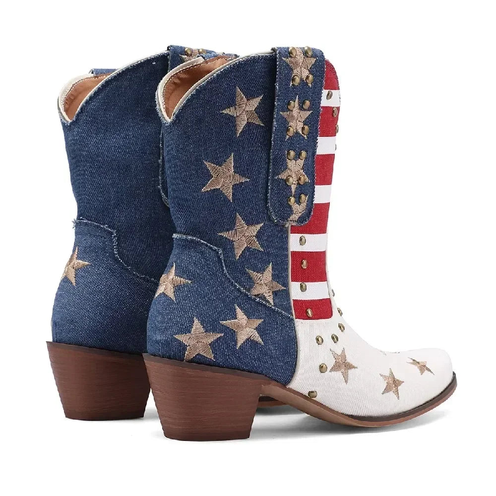 Western Women Cowboy Ankle Boots Denim Embroidery Star Rivet Warped Pointed Toe High Heels American Cowgirl Vintage Short Boots