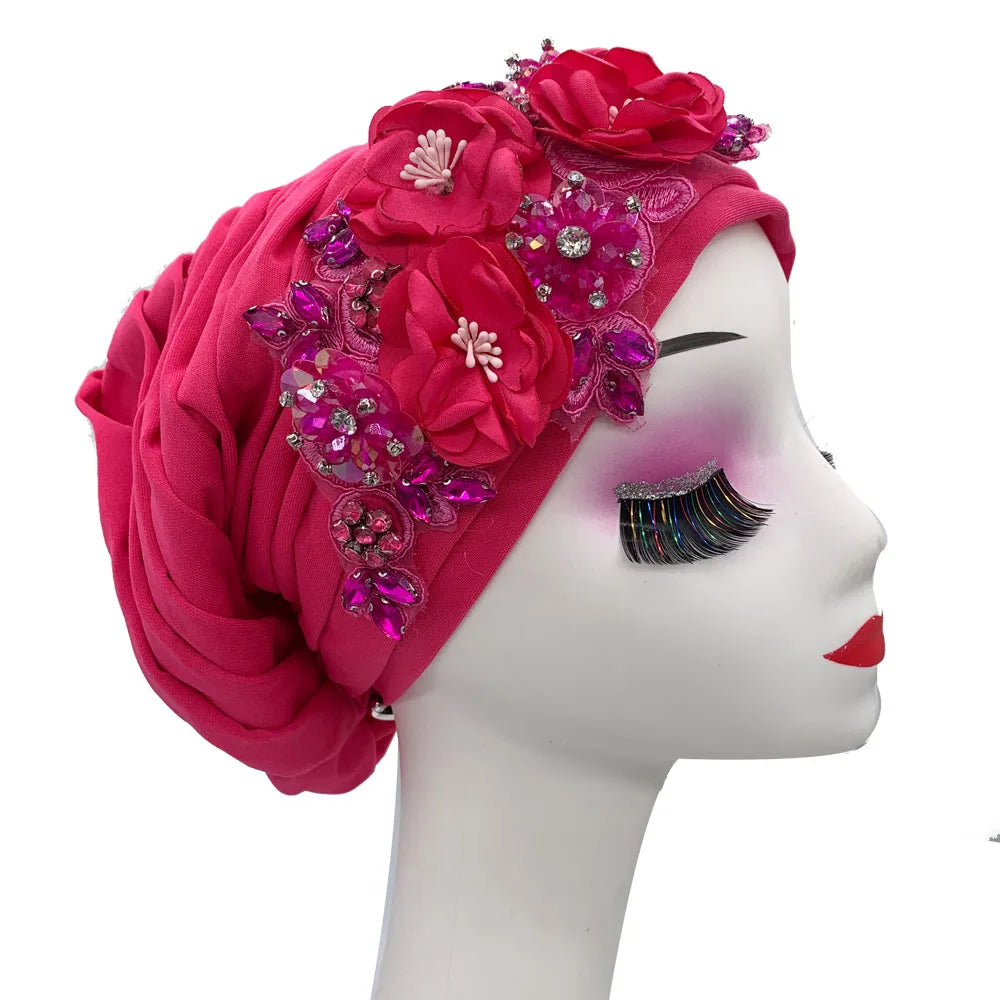 Elegant Flower Diamonds Women's Turban Cap African Party Headwear Hat Lady Head Wraps Muslim Headscarf Hats Turbante Mujer