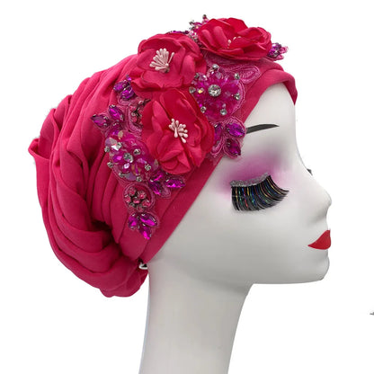 Elegant Flower Diamonds Women's Turban Cap African Party Headwear Hat Lady Head Wraps Muslim Headscarf Hats Turbante Mujer
