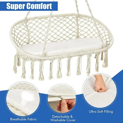 2-Seat Hammock Chair with Cushion, Cotton Ropes, and Metal Stand,440 lbs, Ideal for Indoor or Outdoor Swinging