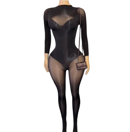 FLARORA Sexy Mesh See Through Jumpsuits and Bodysuits Suits Woman Wild Style Stretchy Skinny Playsuits Party Night Club Overalls