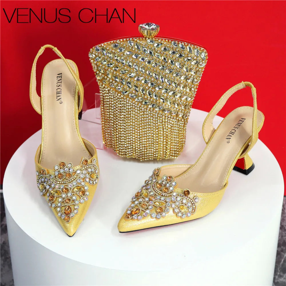 Exquisite 2024 Elegant Woman High Heels Peep Toe Shandals with Rhinestone Italian Design Shoes and Bags Set for Party
