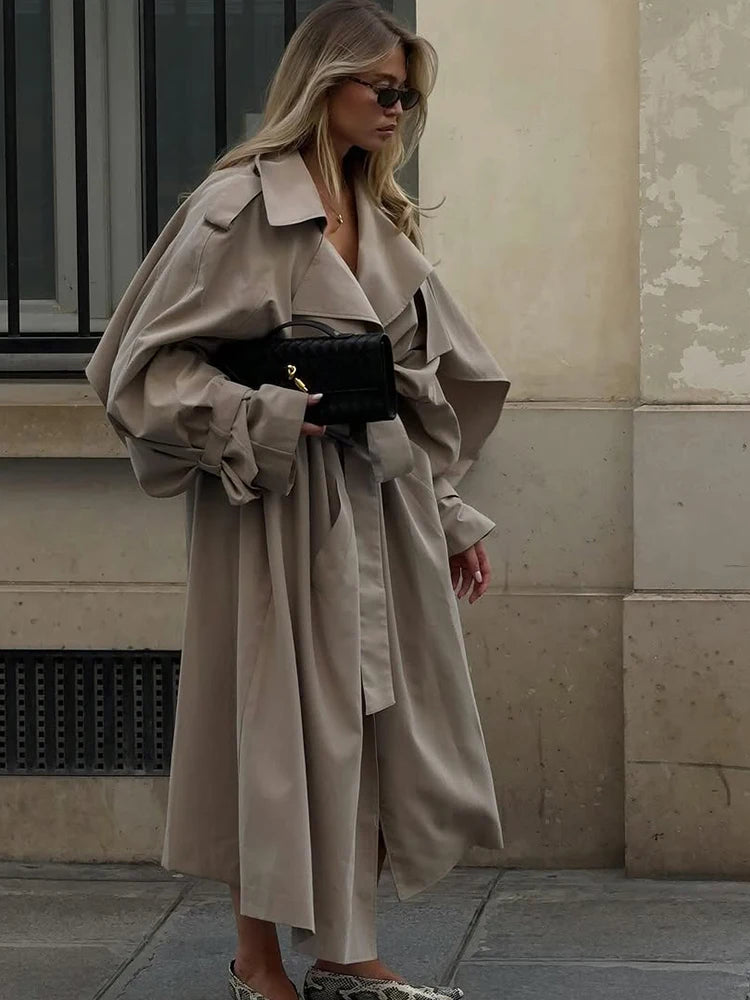 Women Khaki Long Color-block Stripe Trench Coat Wide Lapel Loose Drop Shoulder Blue Lining Slit Windbreaker Commute Outing Coats