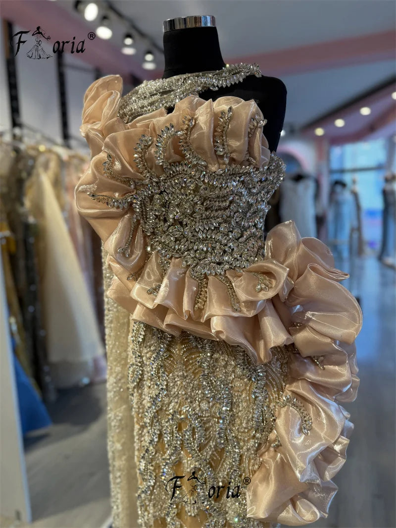 Luxury Major Crystal Evening Dresses Champagne Ruffle Wedding Dress One Shoulder Shiny Bead Arabic Fromal Gala vestidos de novia