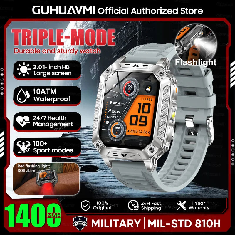 2026 New Military outdoor 1400mAh Battery SmartWatch Men Waterproof Call 2.01" HD AMOLED Sports Heart rate Flashlight Smart Band