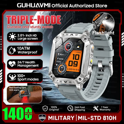2026 New Military outdoor 1400mAh Battery SmartWatch Men Waterproof Call 2.01" HD AMOLED Sports Heart rate Flashlight Smart Band