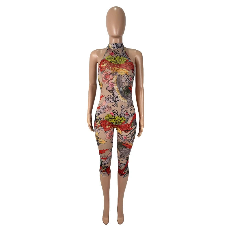 Sheer Mesh Print Transparent Sexy Bodycon Backless Jumpsuit Women Sleeveless Summer Rompers Jumpsuits for Women Playsuit