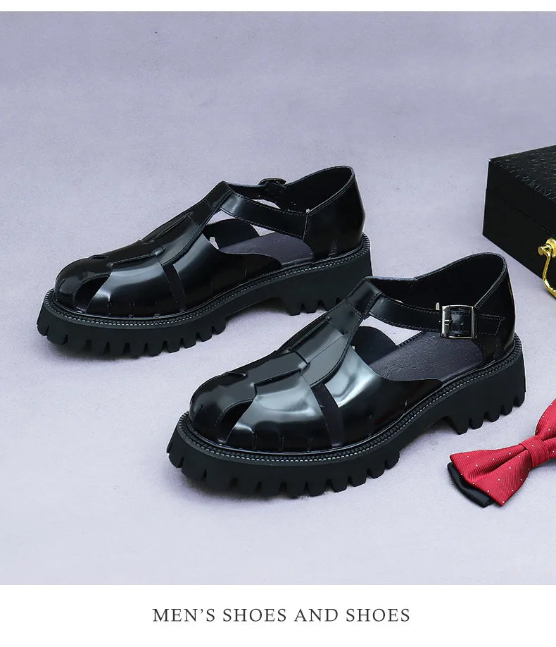 4.5Cm Thick Sole Heightening Sandals Men's Glossy Cowhide Buckle Business Casual British Genuine Leather Summer Sandals for Men