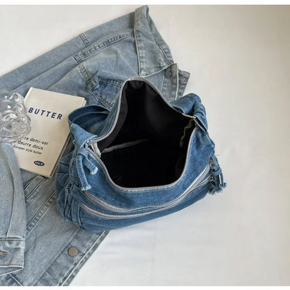 Vintage Denim Women's Shoulder Bag Large Capacity Messenger Bag Multi-pockets Satchel Bags Adjustable Strap Ladies Crossbody Bag
