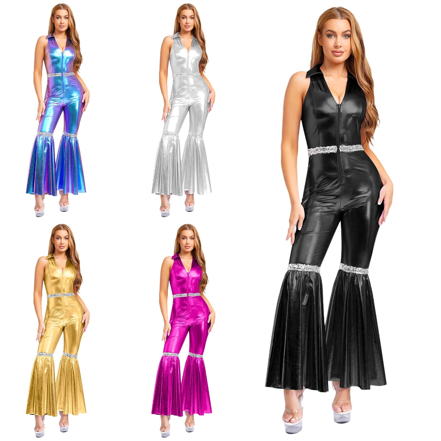 Adult Womens 70s Disco Rompers Lapel V Neck Sleeveless Front Zipper Sequins Bell Bottom Long Pants Jumpsuit Retro Jazz Dancewear