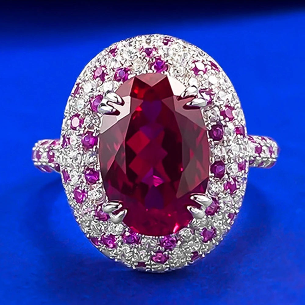 Wong Rain Luxury 925 Sterling Silver Oval Cut 8*12 MM Ruby High Carbon Diamond Gems Ring for Women Fine Jewelry Anniversary Gift