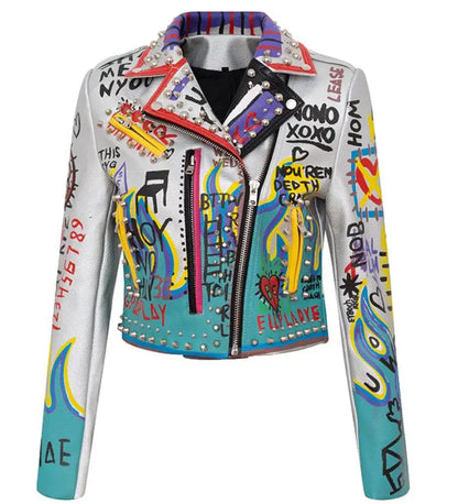 3xl women and men rivet beading pu leather jacket hit color streetstyle Graffiti outerwear letters printed leather jackets