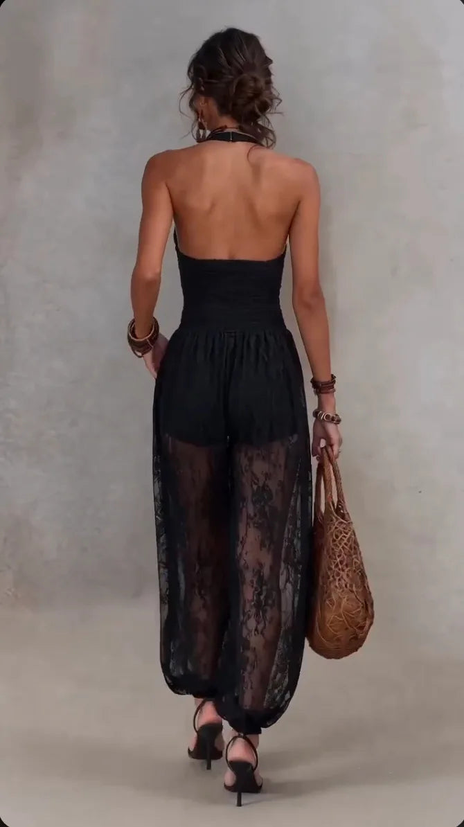 Solid Women Lace Jumpsuits For Spring Summer Sleeveless V-Neck Loose Fashion Streetwear Overalls Pants Trousers 2026