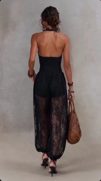Solid Women Lace Jumpsuits For Spring Summer Sleeveless V-Neck Loose Fashion Streetwear Overalls Pants Trousers 2026