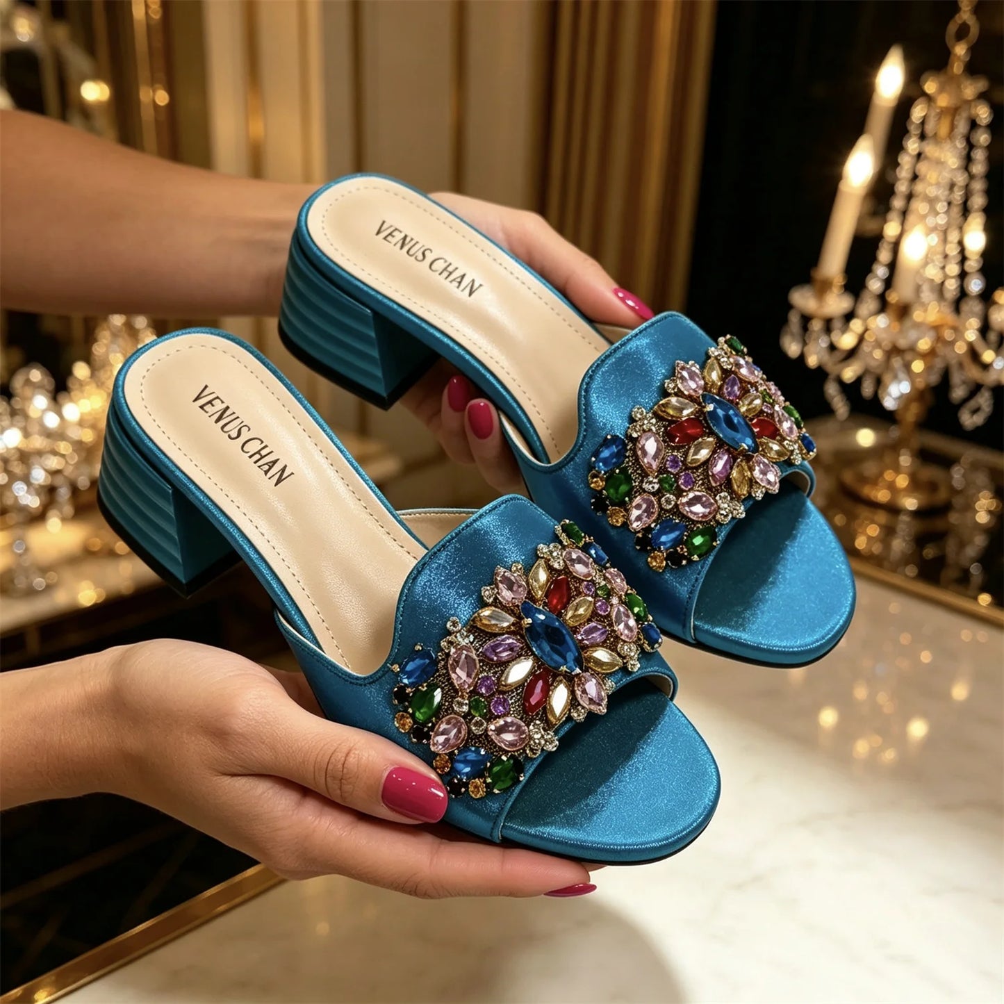 Women Luxury Multicolor Rhinestone Blue Heel Mules Black Satin Open Toe Slip On Sandals Elegant Wedding Evening Party Designer
