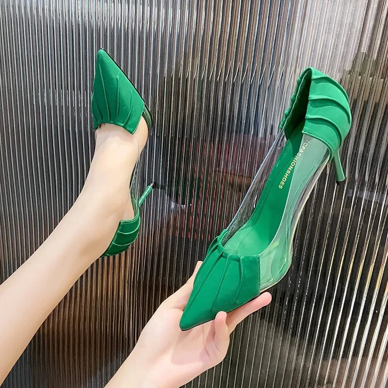 New Luxury Women's Spring and Summer Baotou Transparent Stiletto High Heels Pumps Rhinestone Pointed Single Shoes All-match