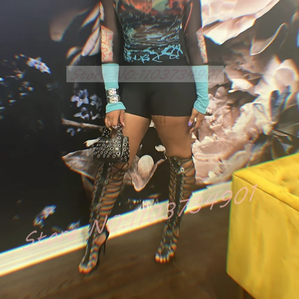 Lace-up Over The Knee Gladiator Sandals Women Fashion White Strappy Square Toe High Heels Sandals Sexy Bold Party Street Style