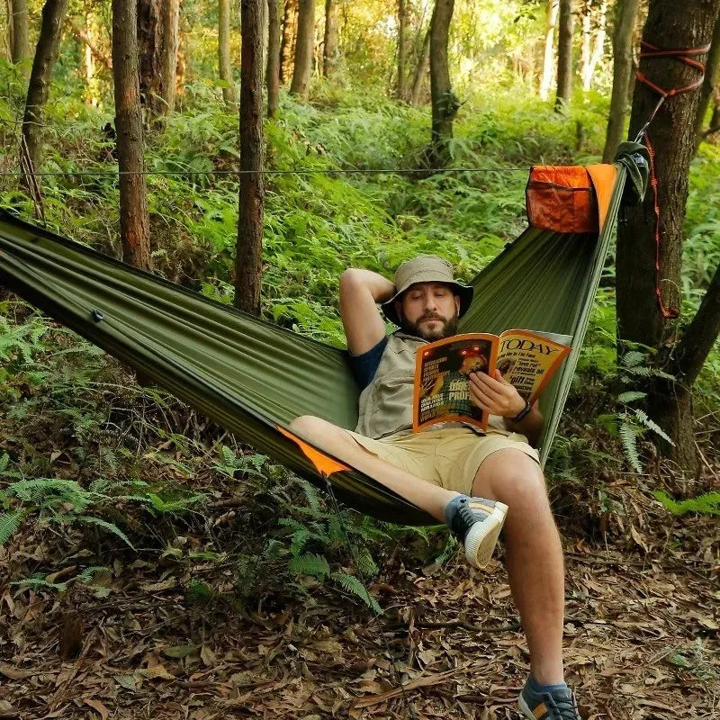TRAVELER Bushcraft Quick-Deploy Hammock with Mosquito Net, Integrated Ridgeline & Anti-Roll Design for Wilderness Camping