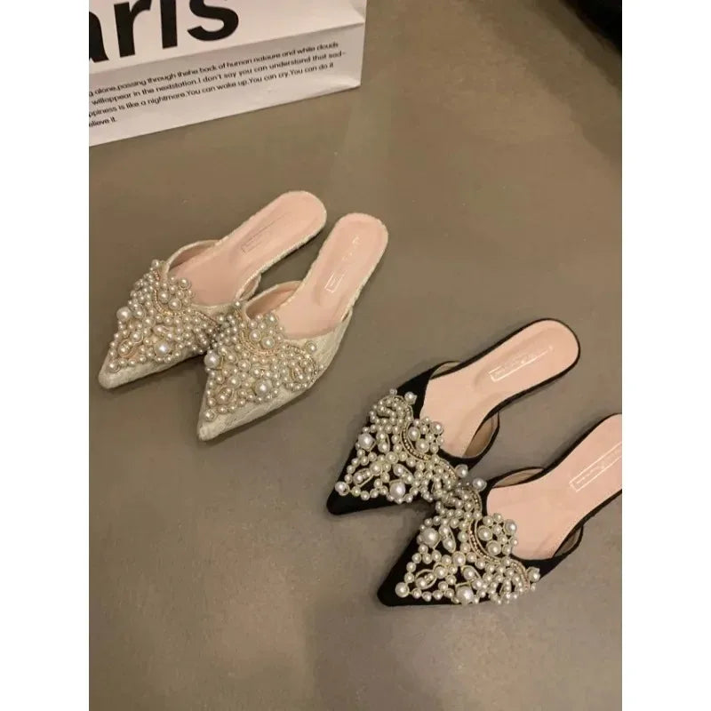 New Women's Shoes Exquisite Imitation Pearl Mueller Slippers for Woman Elegant French Casual Shoes Designer Shoes Zapatos Mujer