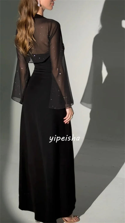Customized Jersey Sequined Ruched Graduation A-line Square Neck Bespoke Occasion Gown Midi Dresses