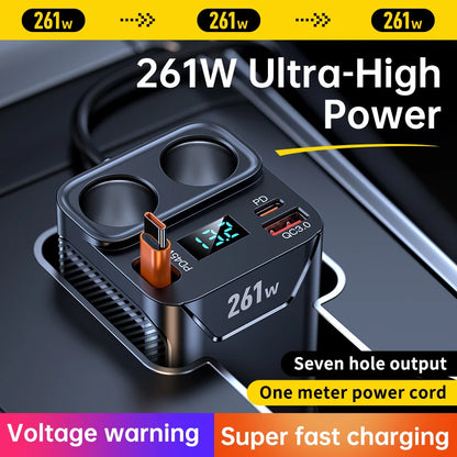 7 in 1 Cigarette Lighter Adapter Cup Holder 261W Car Charger Adapter with PD45W Charge 24V/12V Cigarette Lighter LED Voltmeter