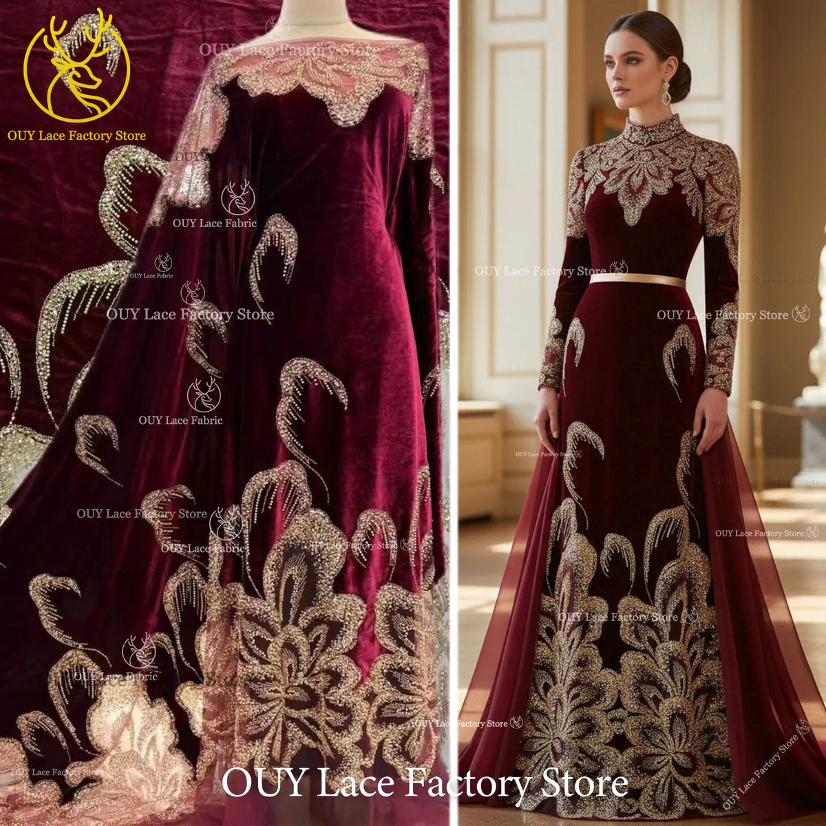 Luxury African Velvet Gold Beaded Sequins Lace Fabric 5 Yards Wine Red Groom Embroidery French Tulle Lace For Women Party Dress