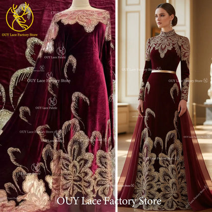 Luxury African Velvet Gold Beaded Sequins Lace Fabric 5 Yards Wine Red Groom Embroidery French Tulle Lace For Women Party Dress