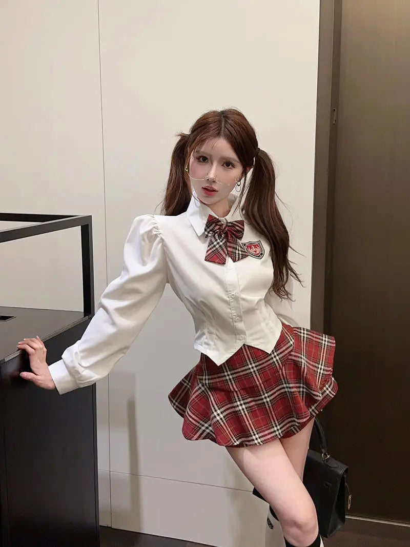 2025 improved cute sexy korea jk suit women autumn jk school uniform women shirt plaid pleated half skirt fashion two-piece set