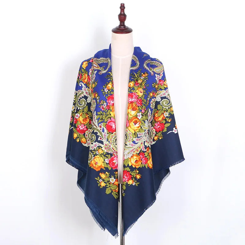 Russian Women Big Size Square Scarf Luxury Floral Print Bandana Wraps Female Retro Short Tassel National Shawl