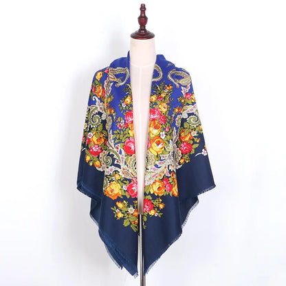 Russian Women Big Size Square Scarf Luxury Floral Print Bandana Wraps Female Retro Short Tassel National Shawl