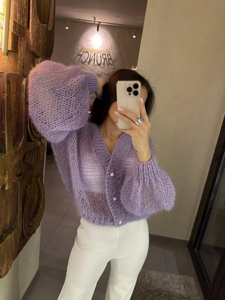 Women Knitting Cardigan 2026 New Women Mohair Knit Cardigan Hollow Out Sheer Long Sleeve Casual Knitted Outerwear Sweater