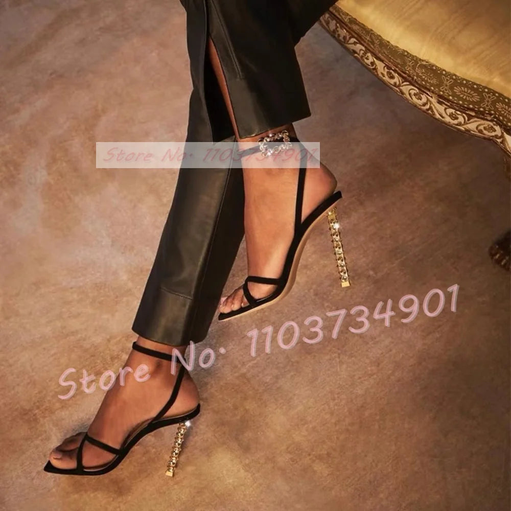 Metal Heels With Rivets Sandals Women Belt Buckle Square Toe Ankle Strap Stiletto Shoes Lady Sexy Luxury Party Elegant Sandals