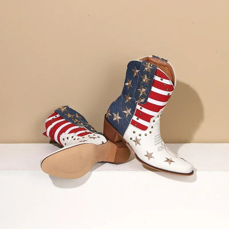 Western Women Cowboy Ankle Boots Denim Embroidery Star Rivet Warped Pointed Toe High Heels American Cowgirl Vintage Short Boots