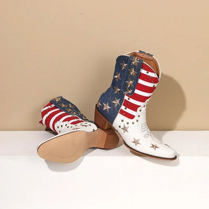 Western Women Cowboy Ankle Boots Denim Embroidery Star Rivet Warped Pointed Toe High Heels American Cowgirl Vintage Short Boots
