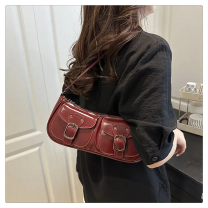 Fashion Pu Leather Women's Shoulder Bag Small Double Pocket Design Ladies Underarm Bags Y2k Vintage Female Handbags Clutch Purse