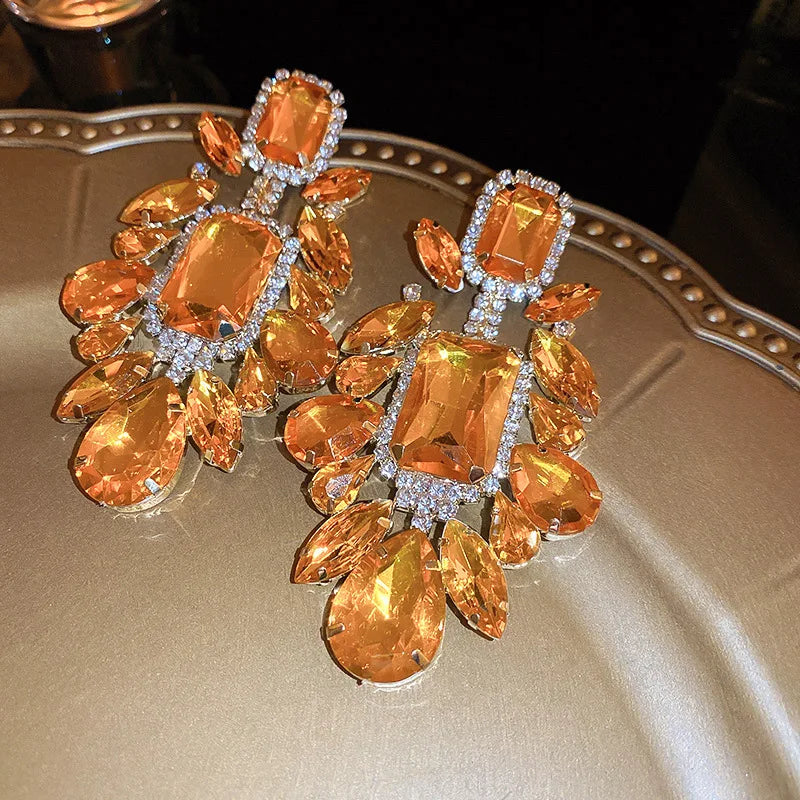 Orange Rhinestone Geometric Earrings for Women Retro Exaggerated Drop Earrings Temperament Party Accessories Girls Gifts