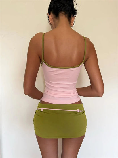 Kliou Contrast Patchwork 2 Piece Set Woman Summer Trend Low-Neck Backless Camisole Tops+Bandage Tassel Mini Skirt Y2K Style Suit