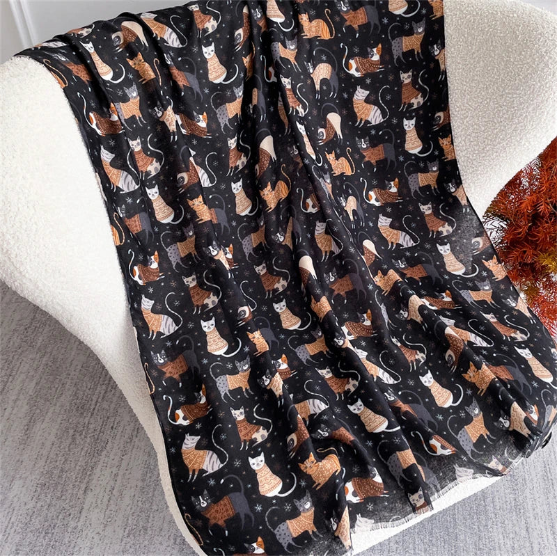 Autumn and Winter Travel Warm Cashmere Shawl Scarf Fashion Women Cat Print Pashmina Blanket Wraps Female Cute Poncho Bufanda