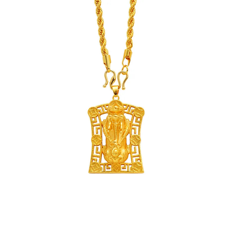 Business Simple Gold Swallowing Beast Square Pendant For Men And Women 24K Gold AU999, Calm Office Couple Accessory